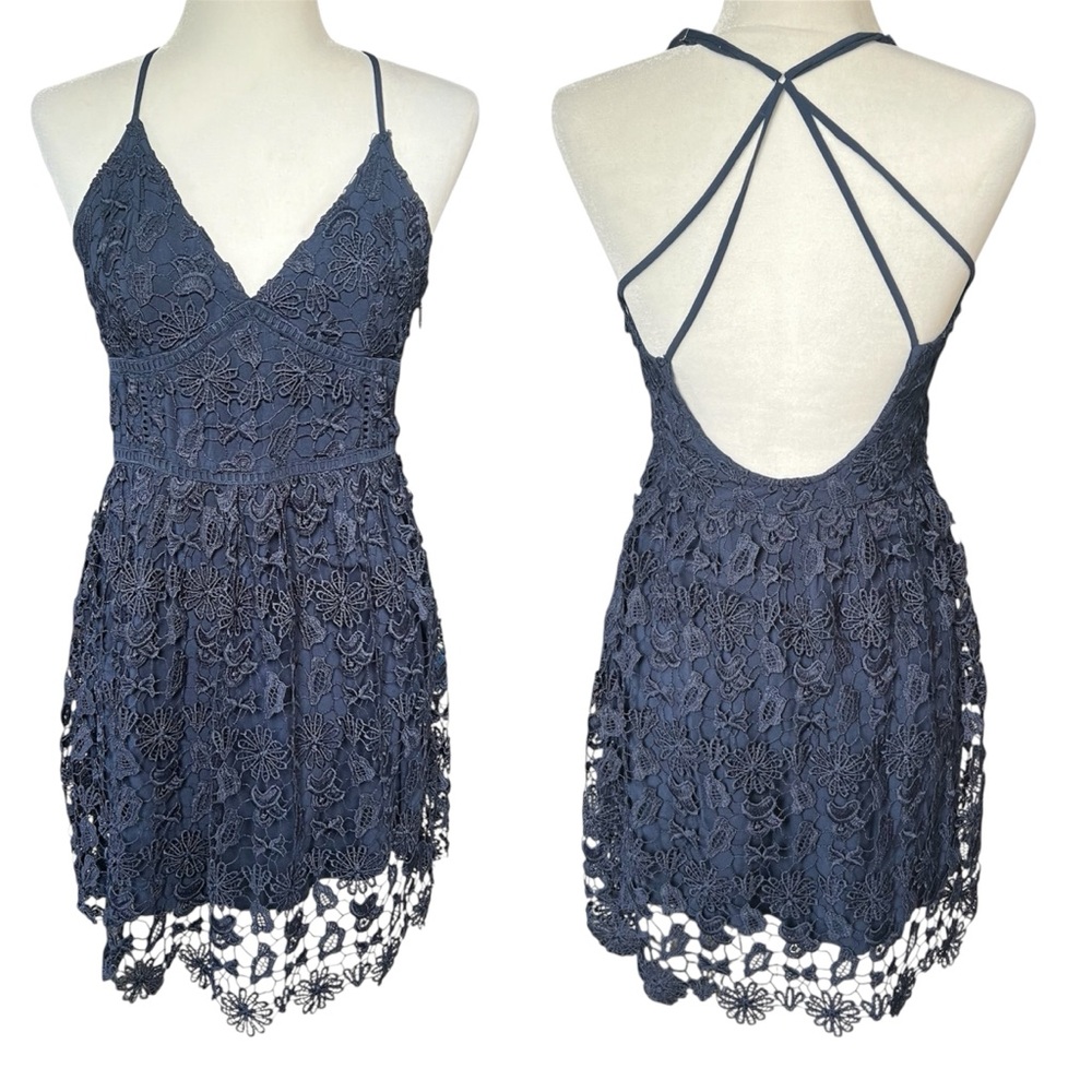 Y2K Hollister Navy lace strappy low back mini dress size M